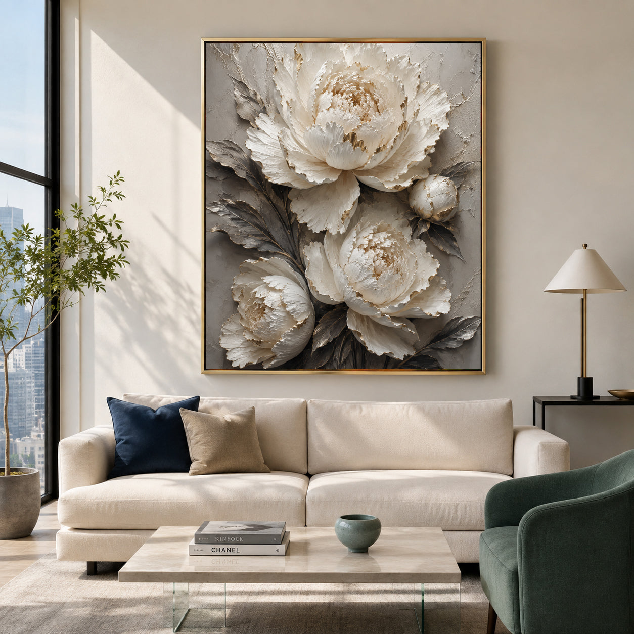 A large framed wall art piece featuring oversized cream and white peony flowers with gray and gold shading, displayed above a beige sofa in a modern living room.