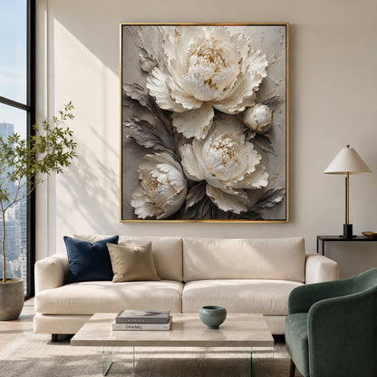 A large framed wall art piece featuring oversized cream and white peony flowers with gray and gold shading, displayed above a beige sofa in a modern living room.