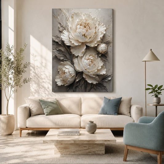 A large vertical canvas wall art print featuring cream and white peony flowers with gray and beige tones, displayed above a modern beige sofa in a bright, contemporary living room.