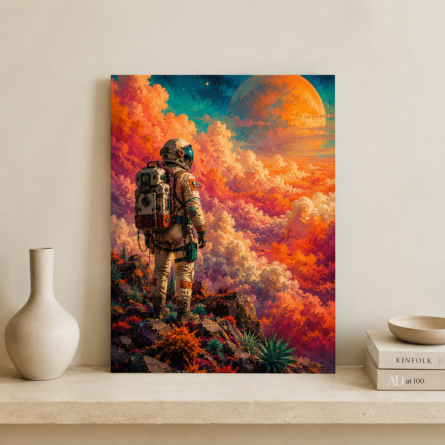 A vertical canvas print featuring a surreal scene of an astronaut standing on a rocky outcrop under a giant orange planet and glowing clouds, displayed on a shelf next to a ceramic vase and books.