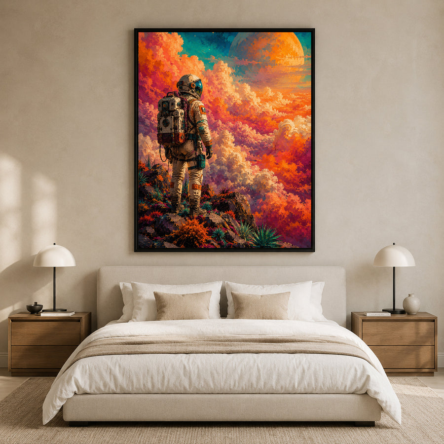 Cosmic Explorer Astronaut Painting with Vibrant Alien Landscape