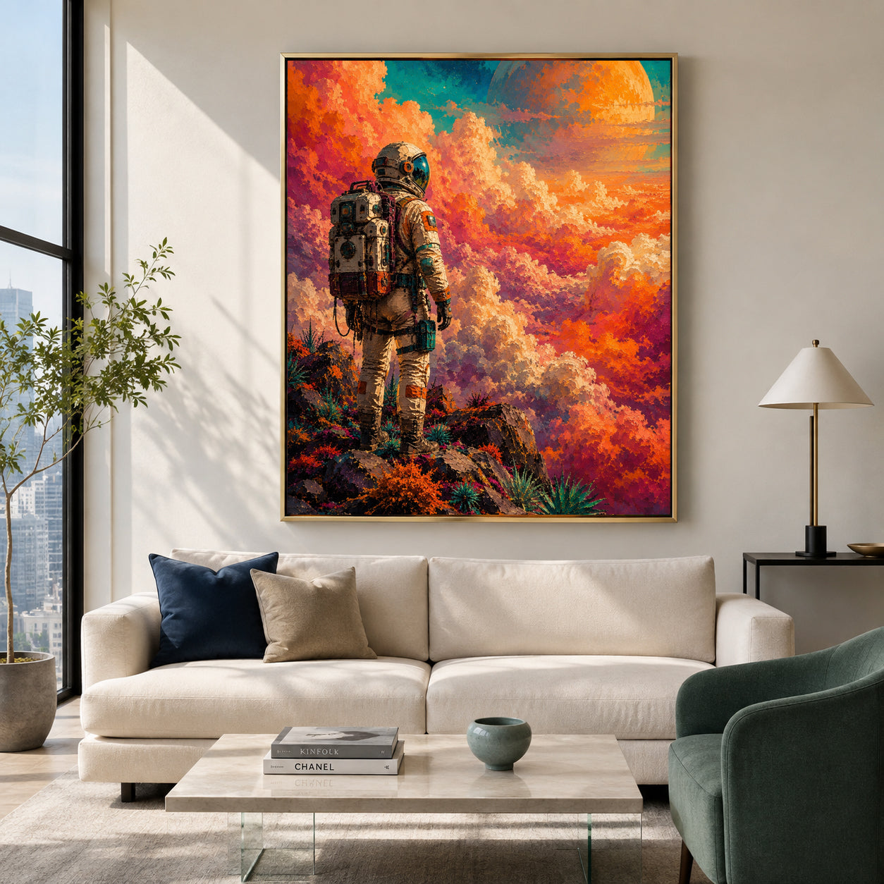Cosmic Explorer Astronaut Painting with Vibrant Alien Landscape