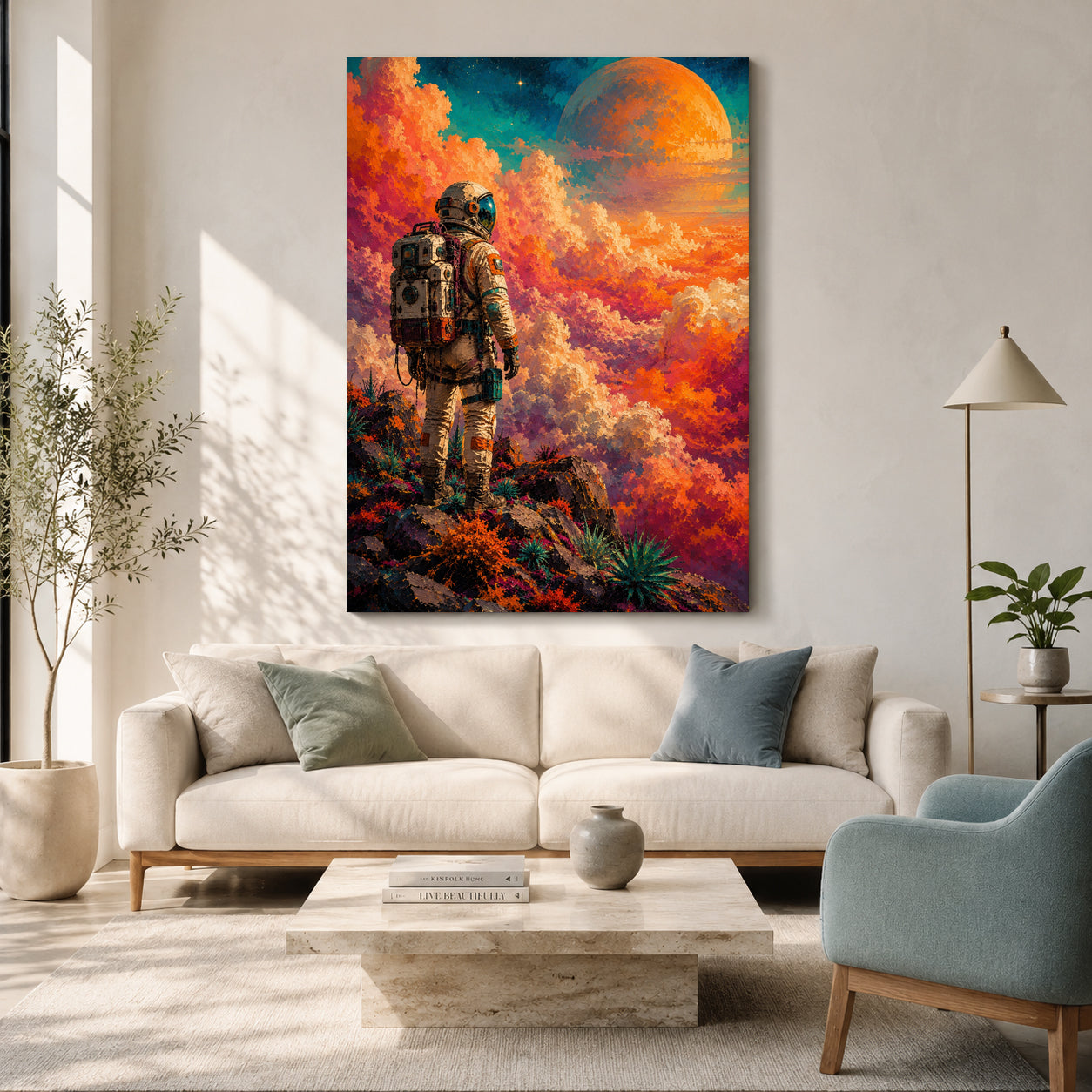 Cosmic Explorer Astronaut Painting with Vibrant Alien Landscape