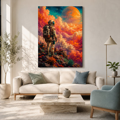 Cosmic Explorer Astronaut Painting with Vibrant Alien Landscape