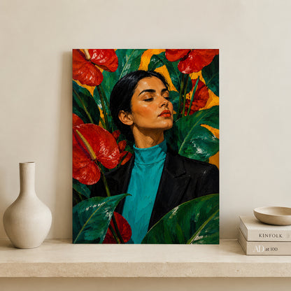 Bold Woman Portrait Pop Canvas Art with Red Anthurium Flowers