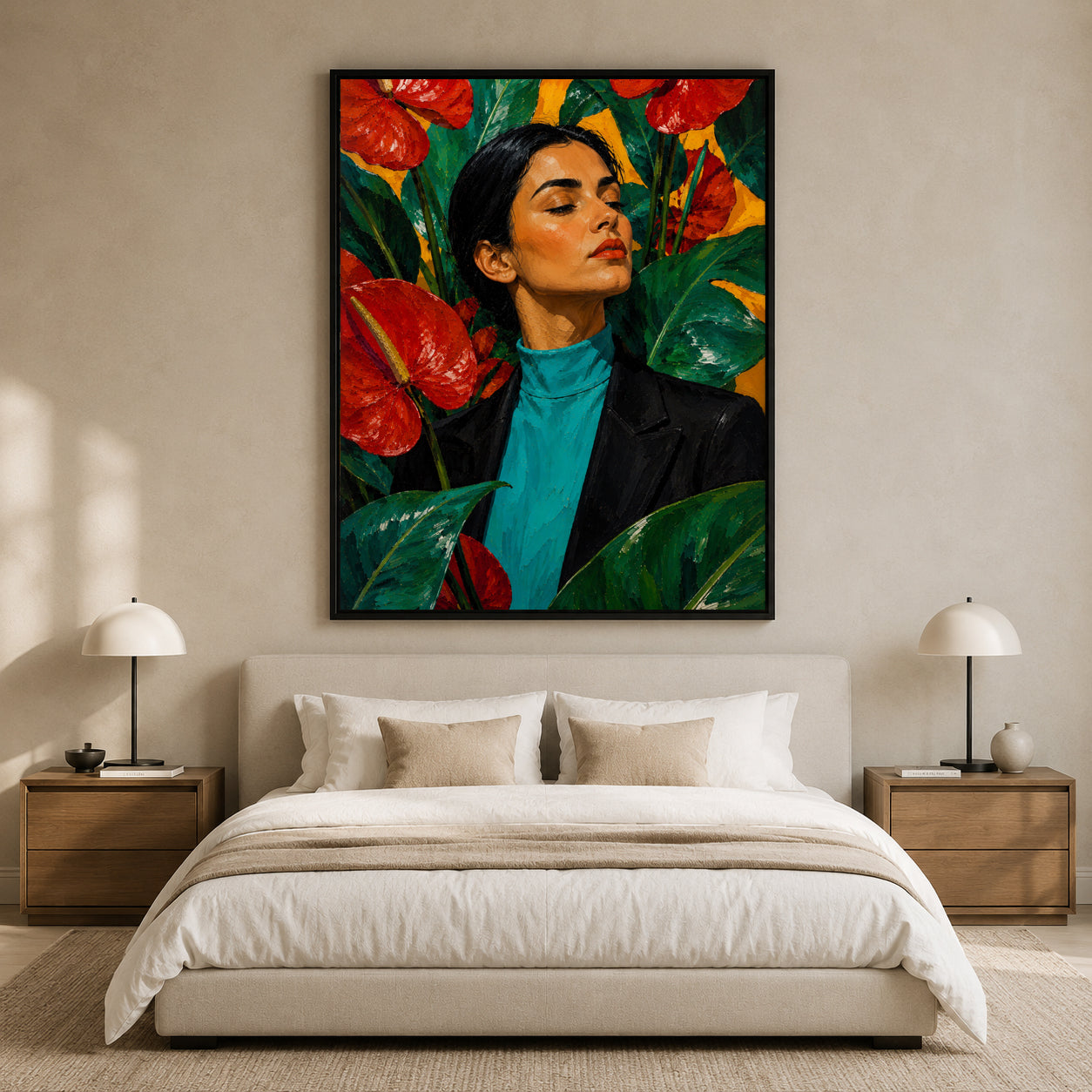 Bold Woman Portrait Pop Canvas Art with Red Anthurium Flowers