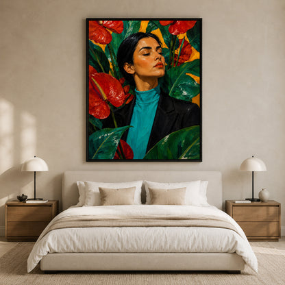 Bold Woman Portrait Pop Canvas Art with Red Anthurium Flowers