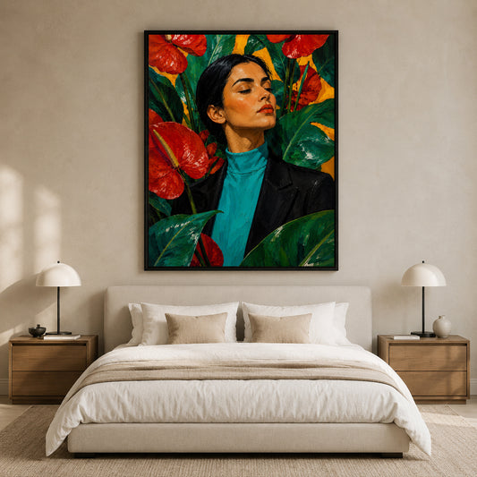 Bold Woman Portrait Pop Canvas Art with Red Anthurium Flowers