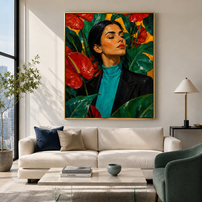 Bold Woman Portrait Pop Canvas Art with Red Anthurium Flowers