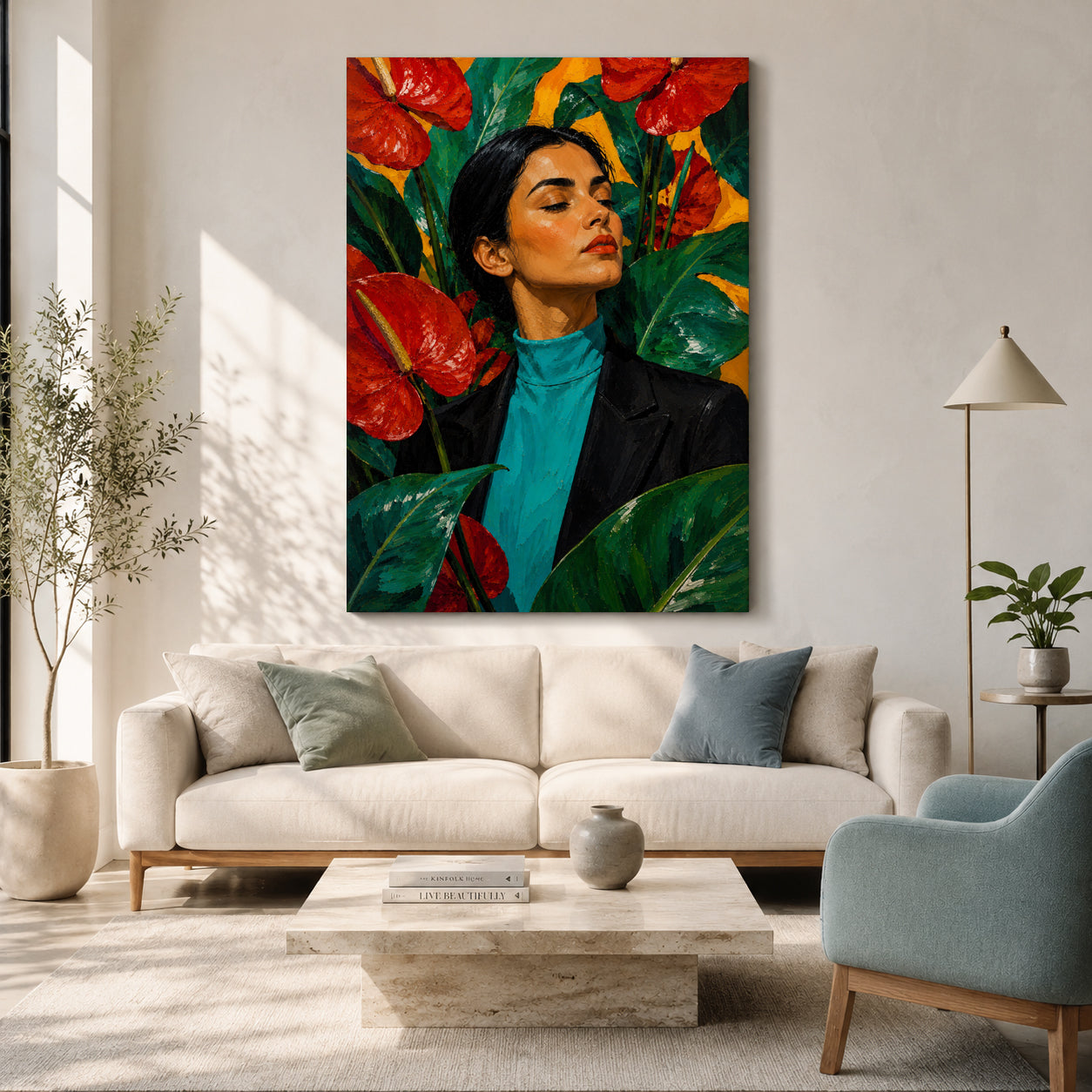 Bold Woman Portrait Pop Canvas Art with Red Anthurium Flowers