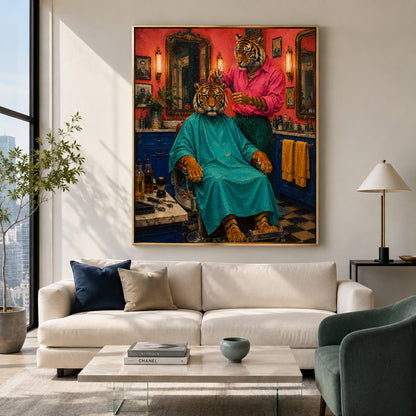 Quirky Tiger Barber Shop Pop Art Canvas for Bold Modern Interiors