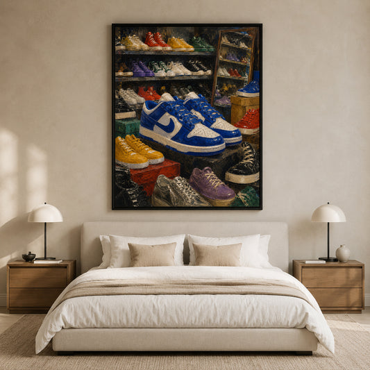 A large framed wall art print depicting a colorful assortment of sneakers on shelves, displayed above a neatly made bed in a modern, neutral-toned bedroom.