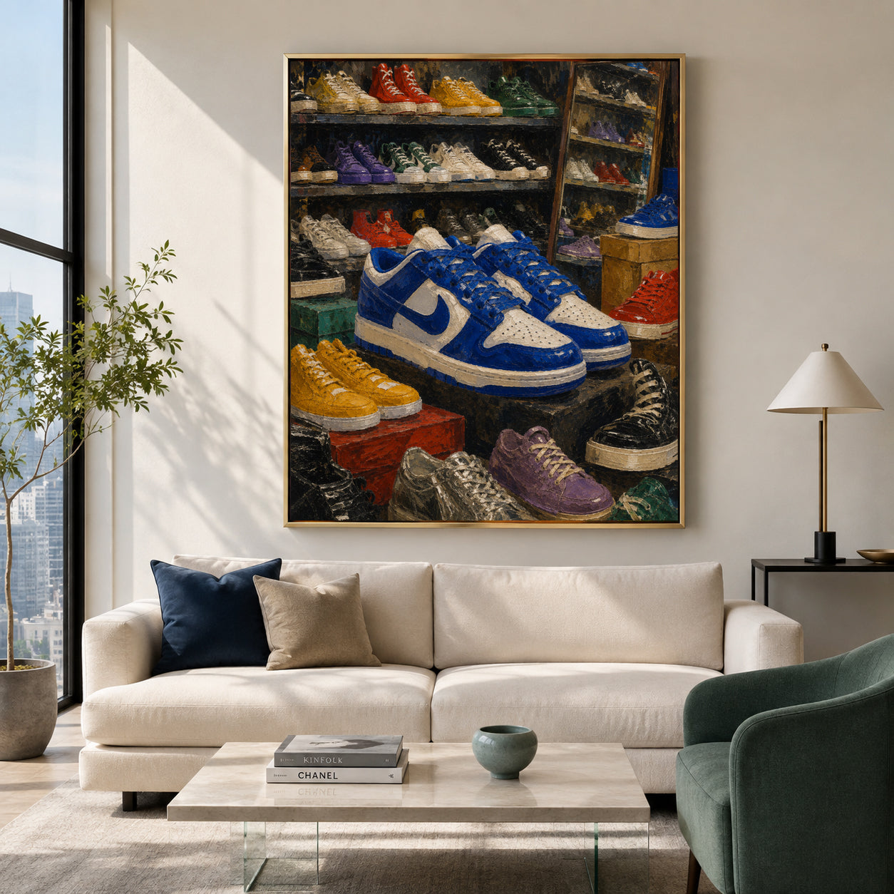A large framed wall art print depicting a colorful sneaker display hangs above a cream sofa in a modern living room. The artwork shows blue, yellow, red, black, and purple sneakers on shelves, with a visible Nike Swoosh on one of the blue shoes.