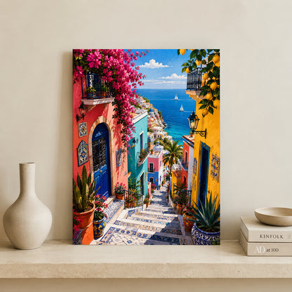 A vertical canvas print depicting a vibrant Mediterranean coastal street with colorful buildings, pink bougainvillea, tiled steps, and a blue sea, displayed on a shelf next to a white vase and books against a beige wall.