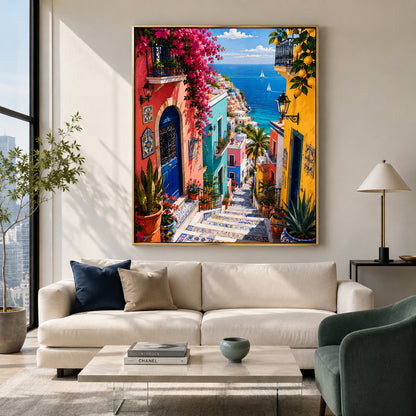 Colorful Mediterranean Coastal Village Canvas Art with Sea View