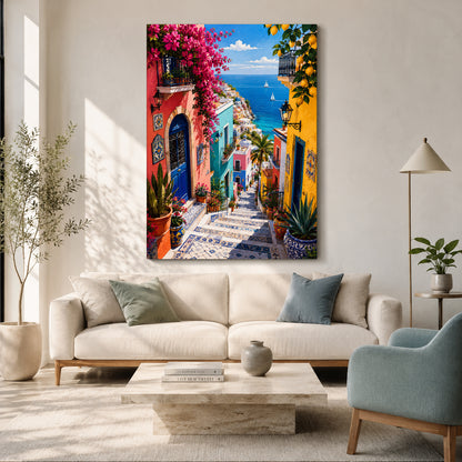 Colorful Mediterranean Coastal Village Canvas Art with Sea View