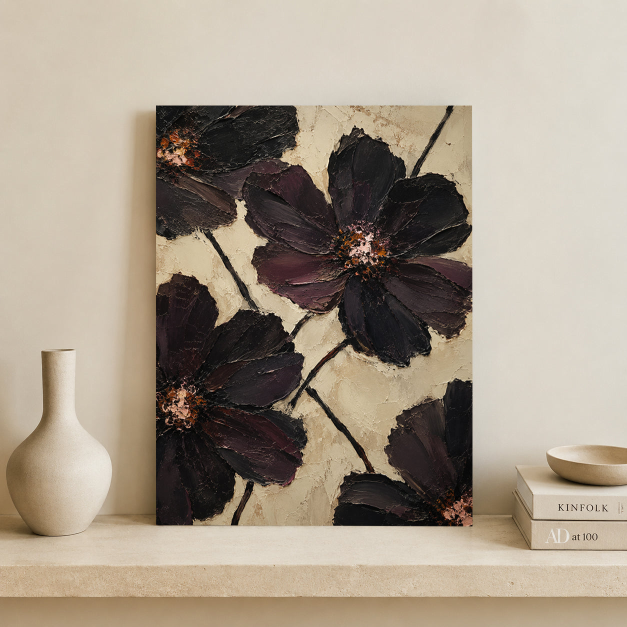 Dark Floral Canvas Painting with Black and Burgundy Flowers