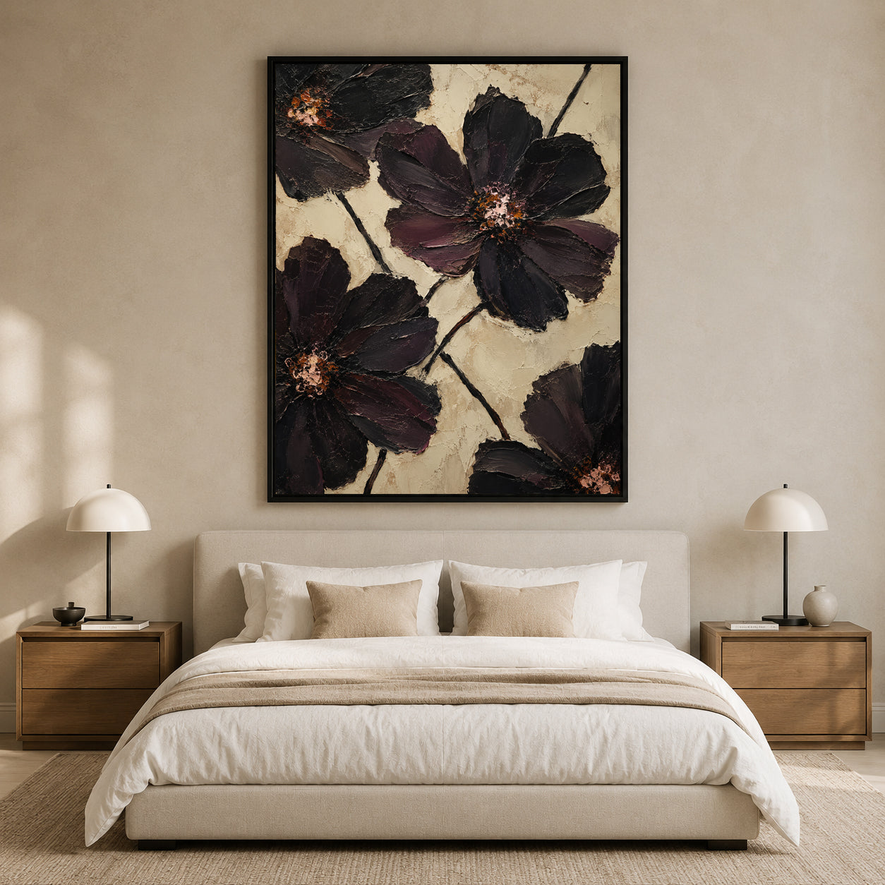 Dark Floral Canvas Painting with Black and Burgundy Flowers