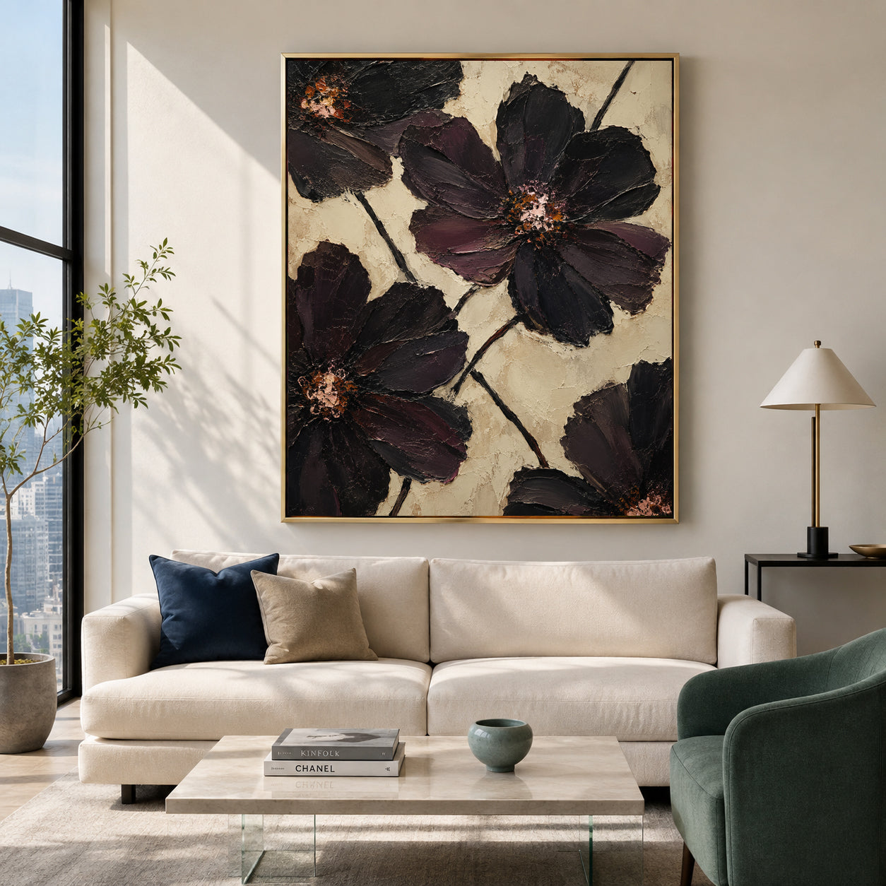 Dark Floral Canvas Painting with Black and Burgundy Flowers