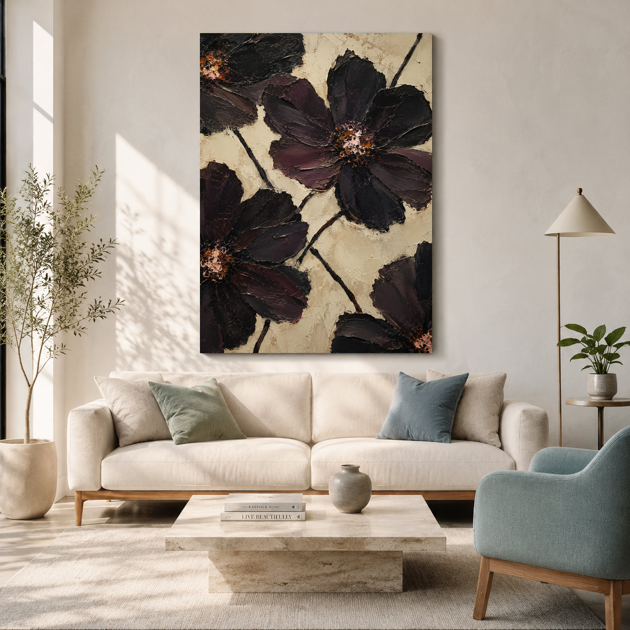 Dark Floral Canvas Painting with Black and Burgundy Flowers