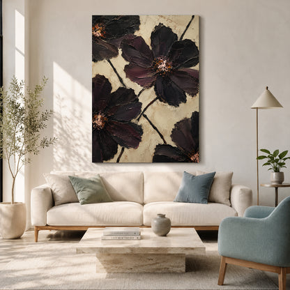 Dark Floral Canvas Painting with Black and Burgundy Flowers