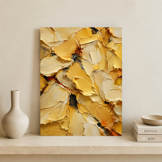 An abstract canvas print featuring thick impasto brushstrokes in shades of gold, beige, and orange, styled on a shelf next to a ceramic vase and books.