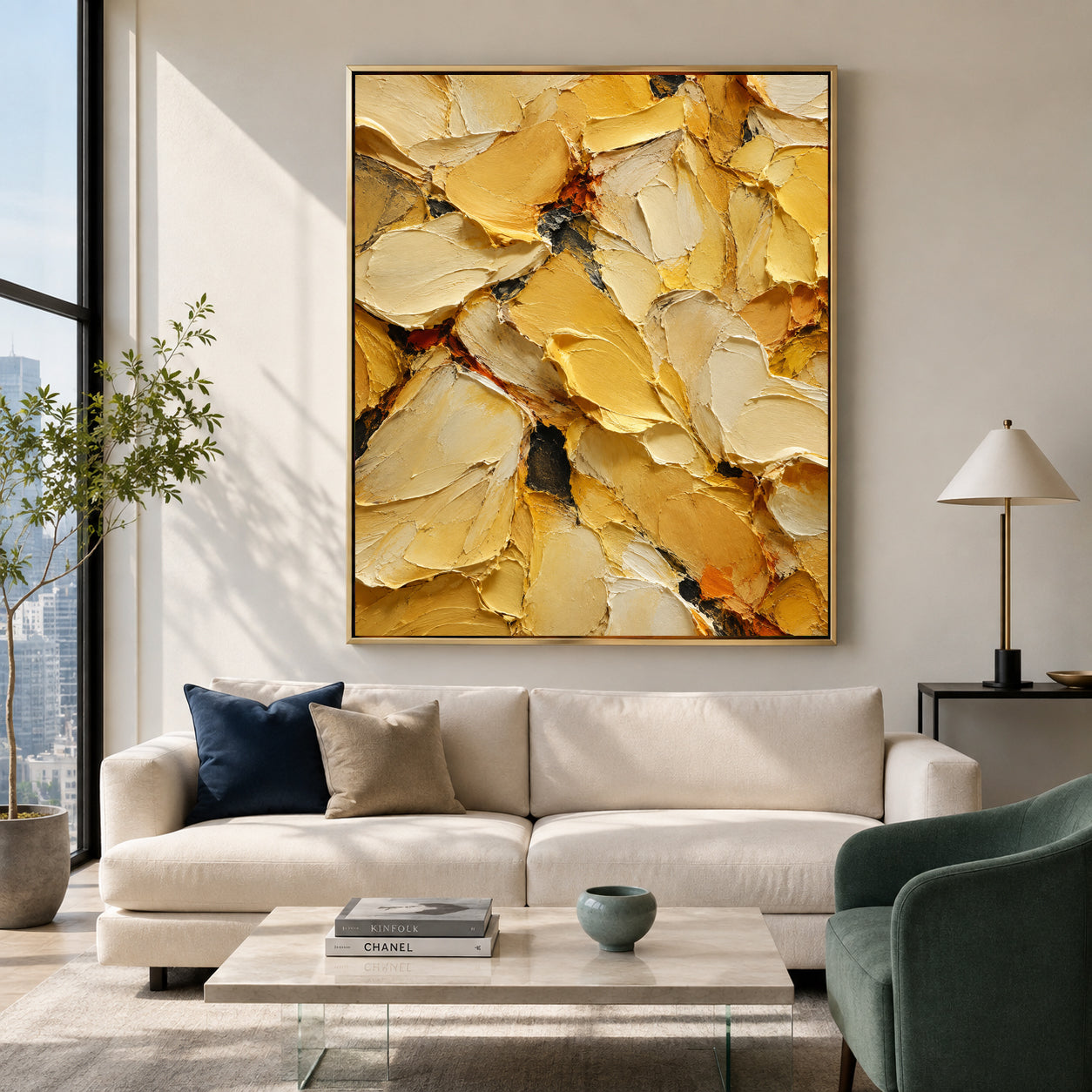 A large framed abstract canvas print with thick textured brushstrokes in yellow, cream, and gold hangs on a light beige wall above a modern white sofa in a bright, contemporary living room.