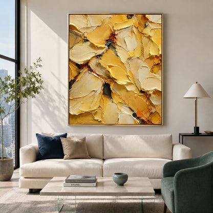 A large framed abstract canvas print with thick textured brushstrokes in yellow, cream, and gold hangs on a light beige wall above a modern white sofa in a bright, contemporary living room.