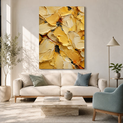 A large vertical abstract canvas print with thick textured brushstrokes in yellow, gold, cream, and brown tones, displayed on a light beige wall above a modern white sofa in a styled living room.