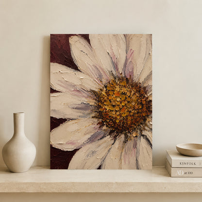 Cream Daisy Floral Canvas Painting with Burgundy Background