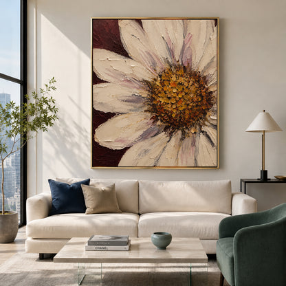 Cream Daisy Floral Canvas Painting with Burgundy Background