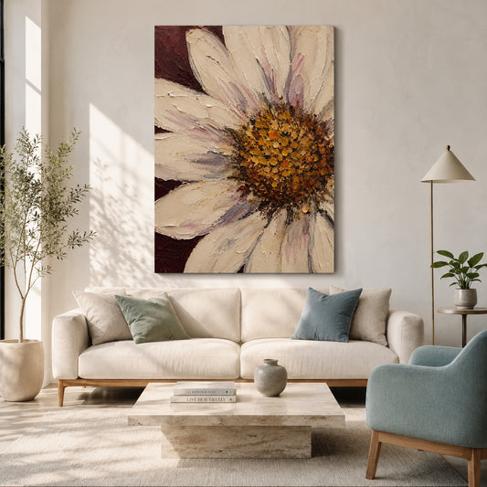 Cream Daisy Floral Canvas Painting with Burgundy Background
