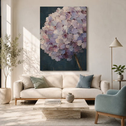 A large vertical canvas wall art print featuring an abstract purple and lavender hydrangea on a dark teal background, displayed in a modern living room setting above a cream sofa.