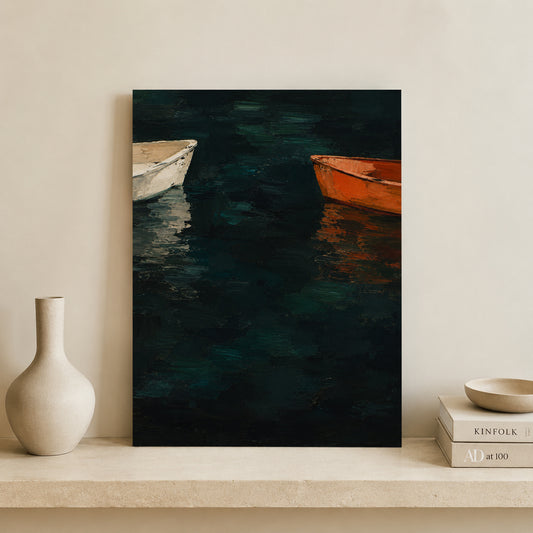 Two Boats on Dark Water Moody Coastal Canvas Art