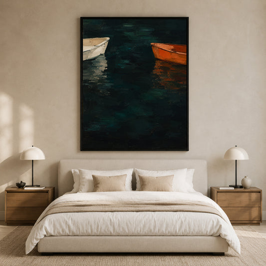 Two Boats on Dark Water Moody Coastal Canvas Art