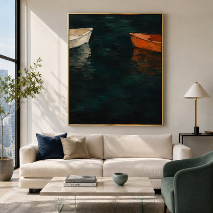 Two Boats on Dark Water Moody Coastal Canvas Art