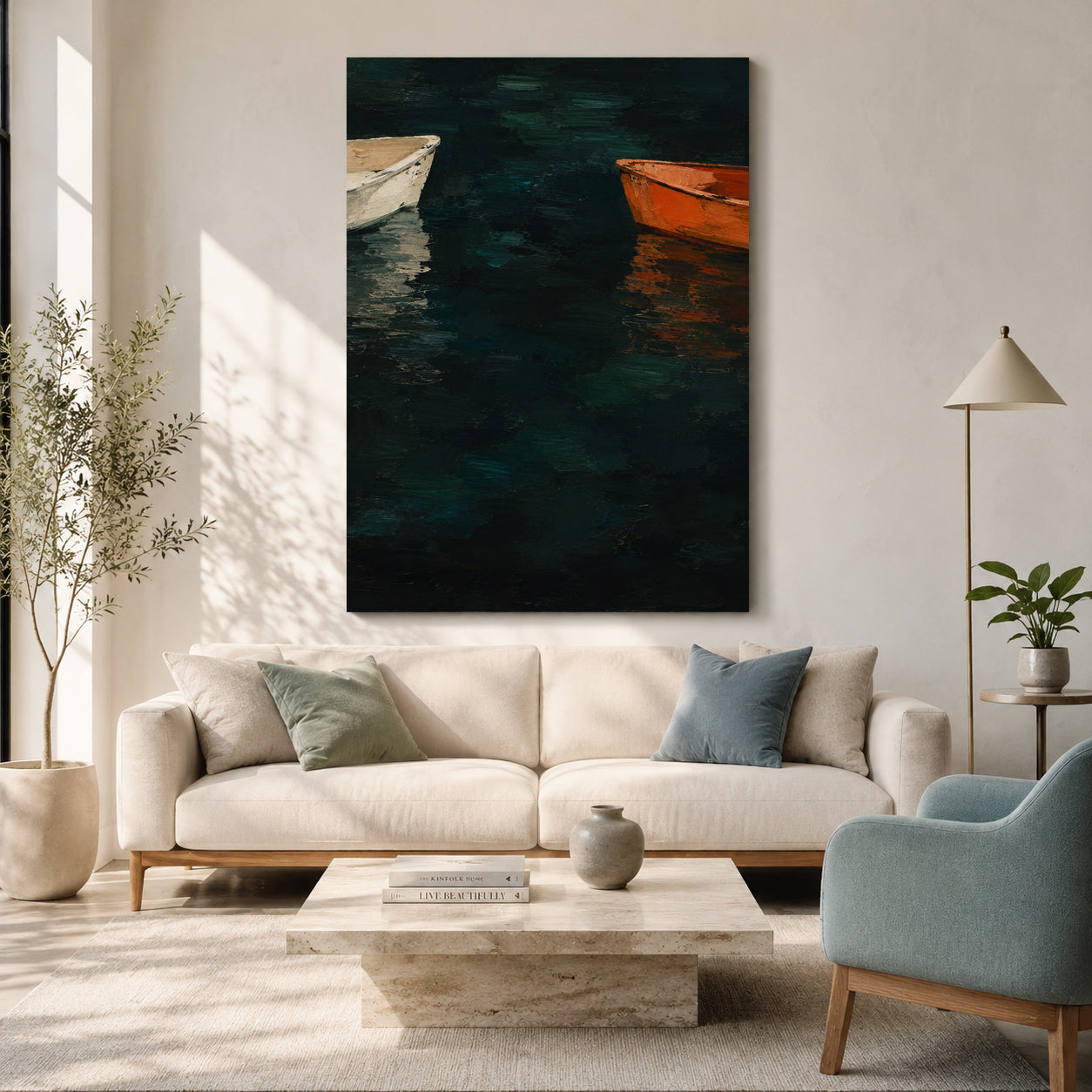 Two Boats on Dark Water Moody Coastal Canvas Art