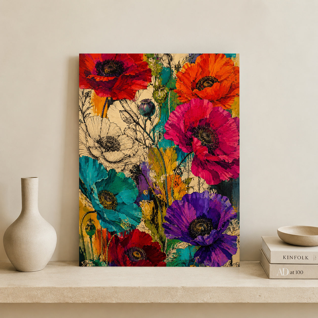 Colorful Poppy Flower Canvas Art with Bold Botanical Details