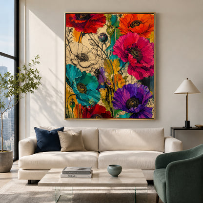 Colorful Poppy Flower Canvas Art with Bold Botanical Details