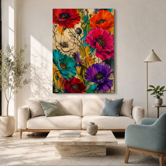 Colorful Poppy Flower Canvas Art with Bold Botanical Details