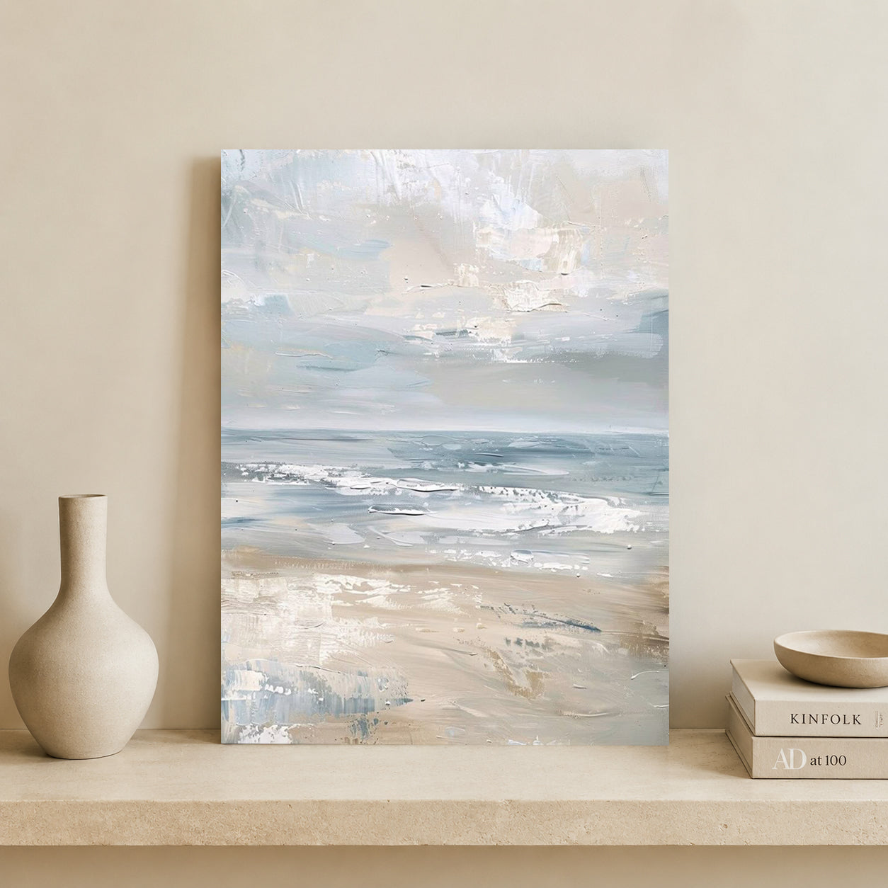 Neutral Coastal Abstract Canvas Painting in Soft Blue and Beige