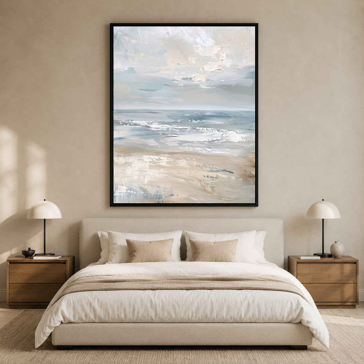 Neutral Coastal Abstract Canvas Painting in Soft Blue and Beige