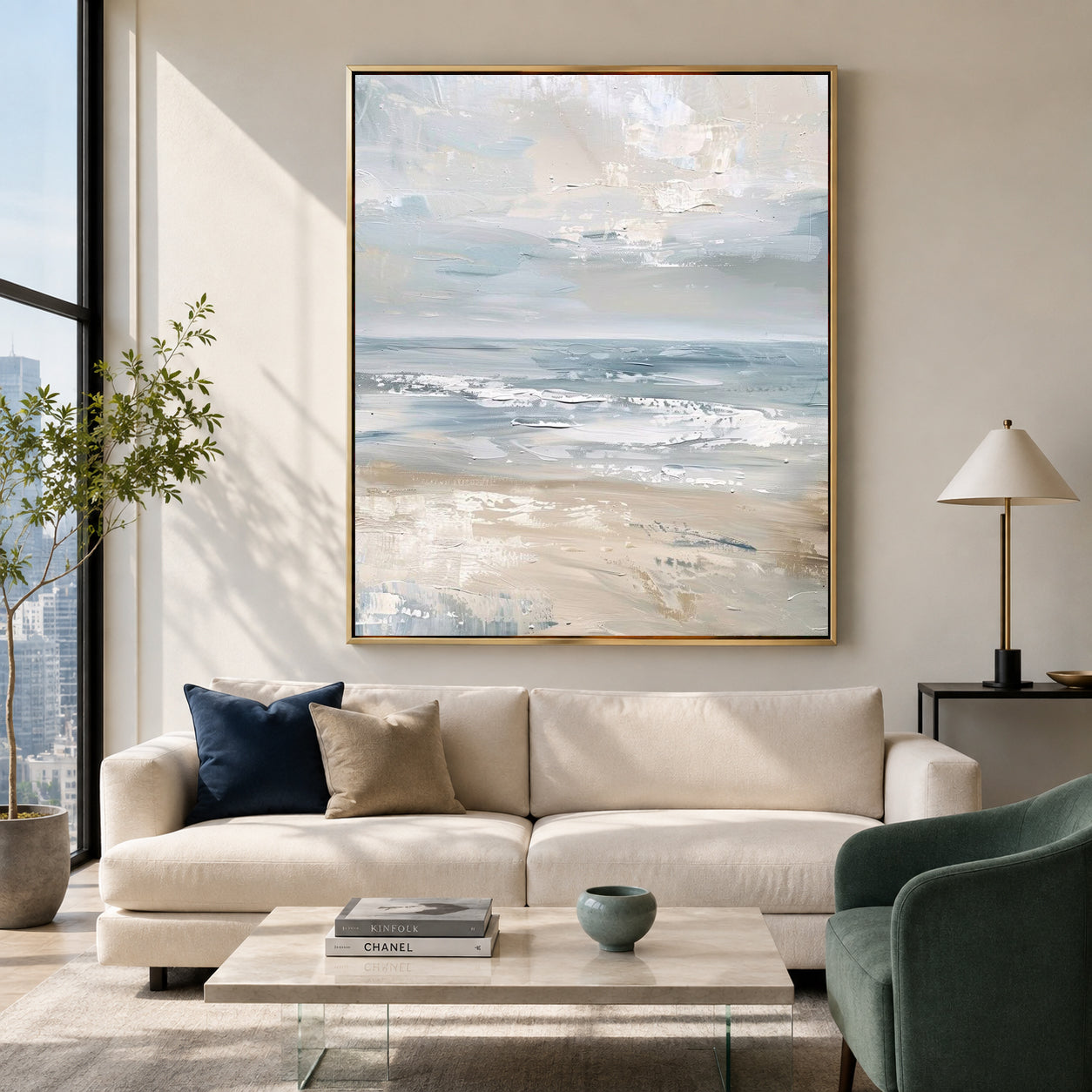 Neutral Coastal Abstract Canvas Painting in Soft Blue and Beige