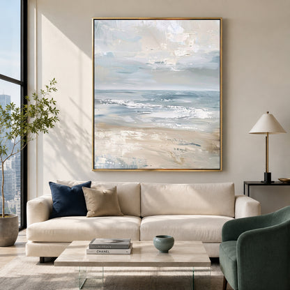 Neutral Coastal Abstract Canvas Painting in Soft Blue and Beige