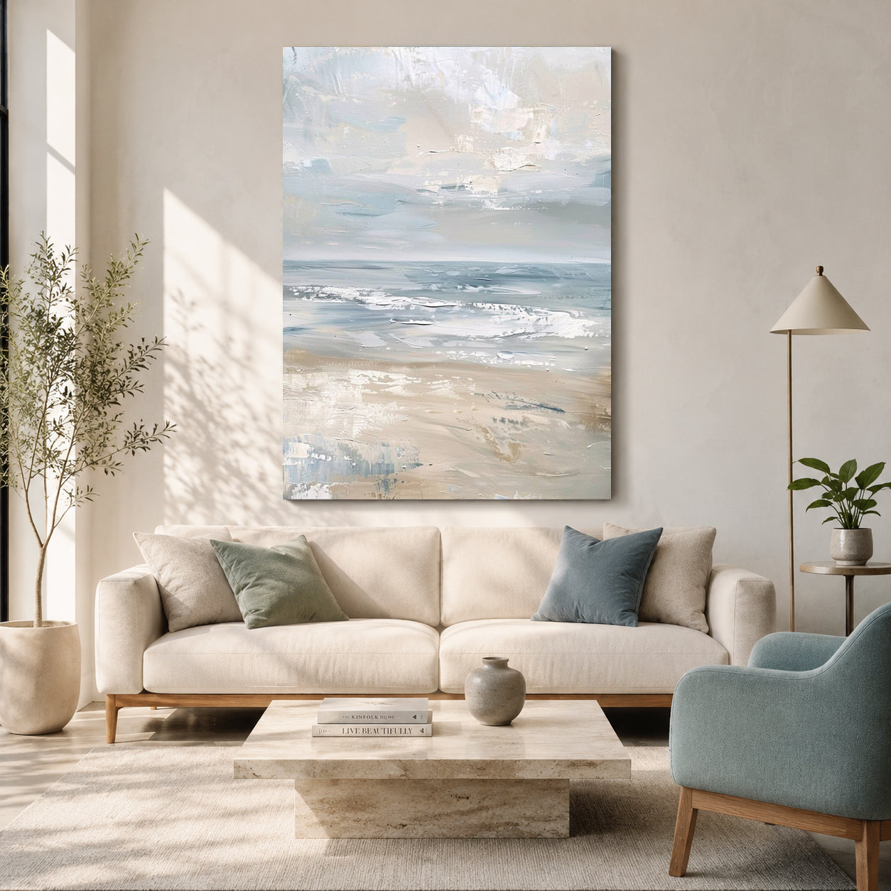 Neutral Coastal Abstract Canvas Painting in Soft Blue and Beige