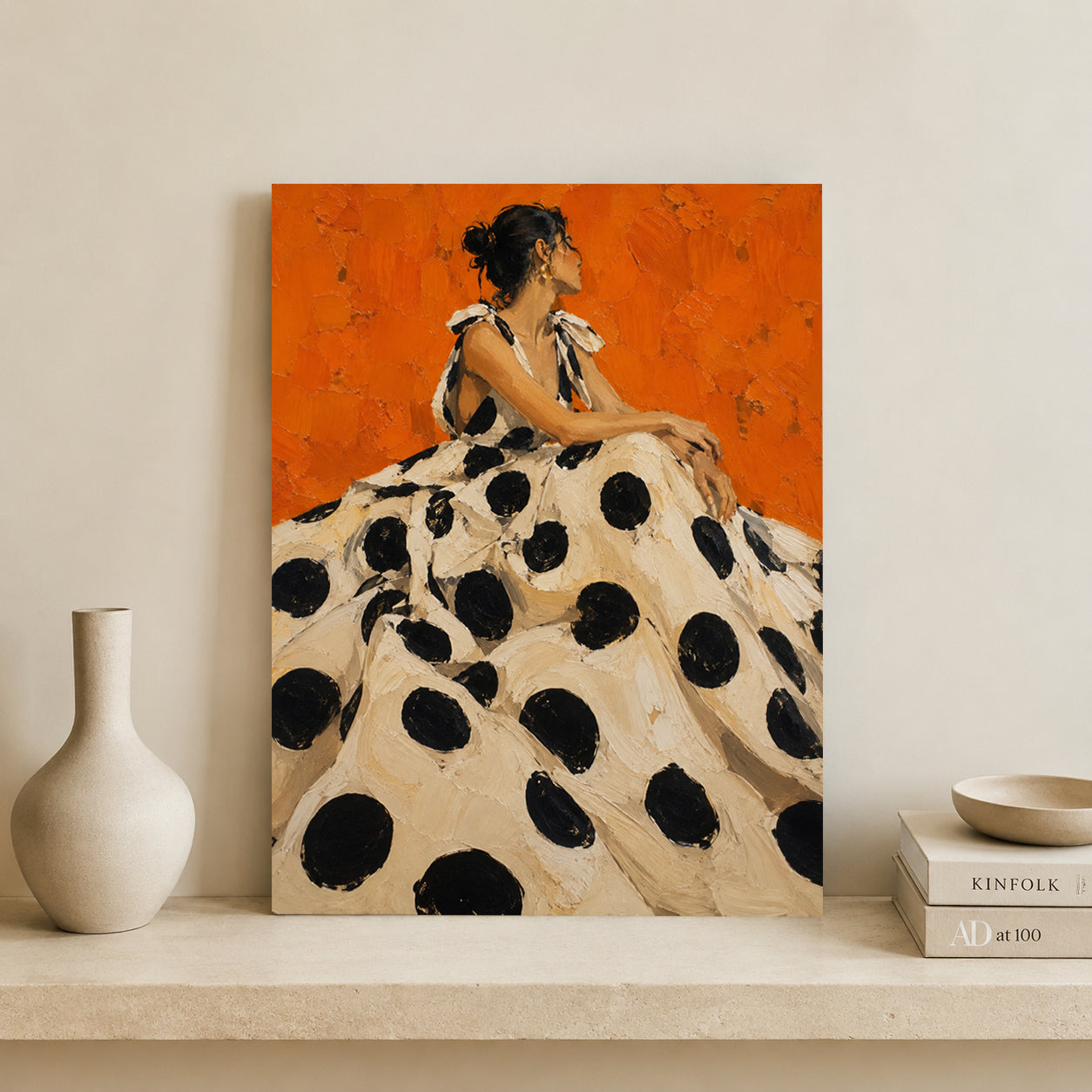 Orange Polka Dot Woman Fashion Portrait for Maximalist Wall Decor