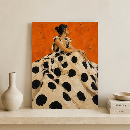 Orange Polka Dot Woman Fashion Portrait for Maximalist Wall Decor