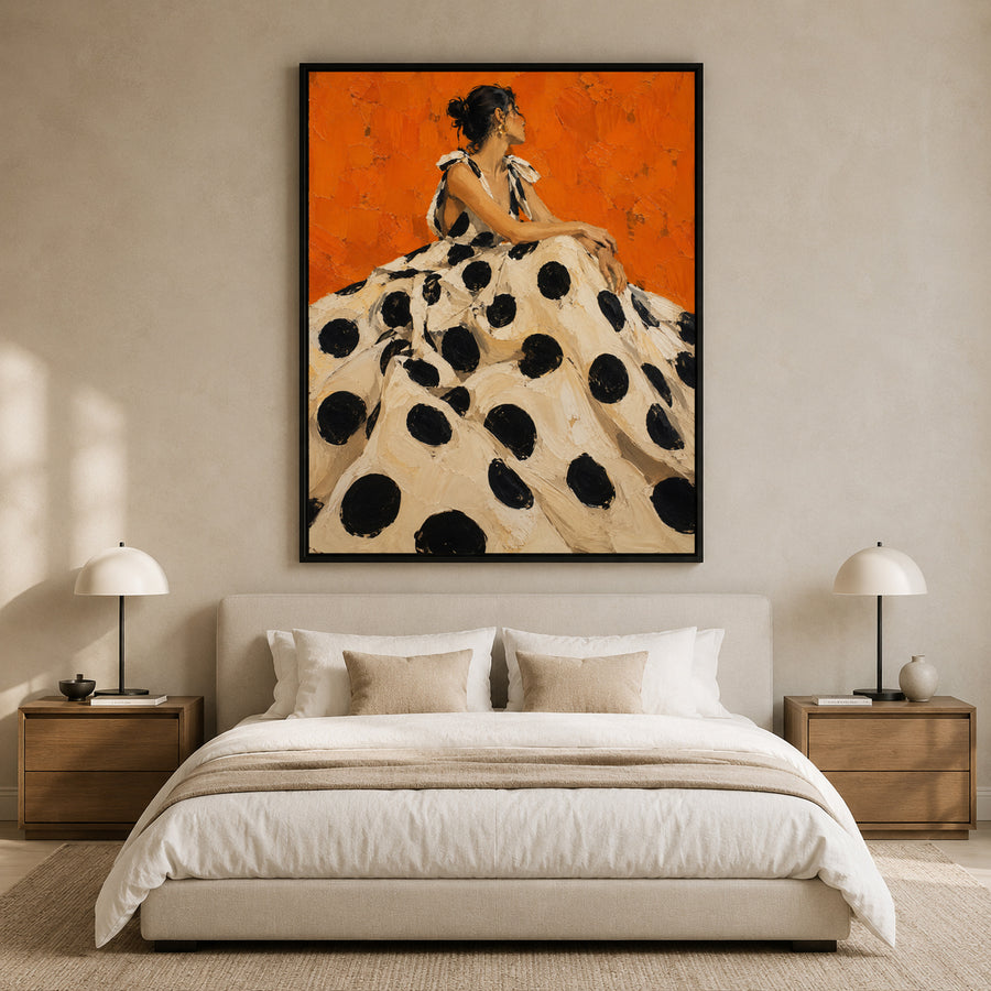 Orange Polka Dot Woman Fashion Portrait for Maximalist Wall Decor
