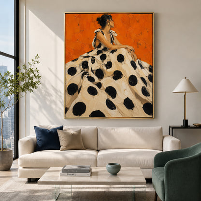 Orange Polka Dot Woman Fashion Portrait for Maximalist Wall Decor