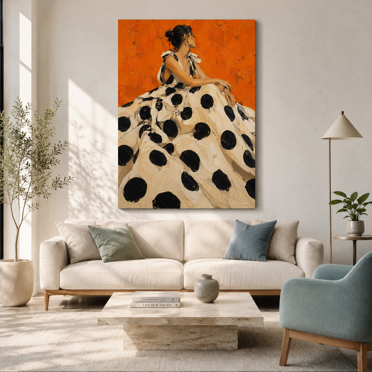 Orange Polka Dot Woman Fashion Portrait for Maximalist Wall Decor